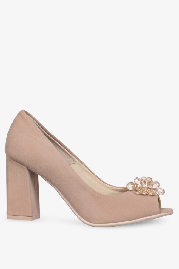 Beżowe czółenka z kryształkami na słupku peep toe casu 074-o-wyprzedaż