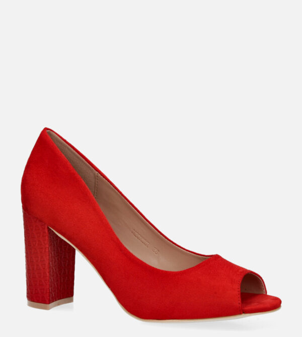 Czerwone czółenka na słupku peep toe ze skórzaną wkładką casu n20x3/r-wyprzedaż