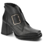 Czarne Botki Exquisite Modne Skórzane Buty Na Obcasie-wyprzedaż