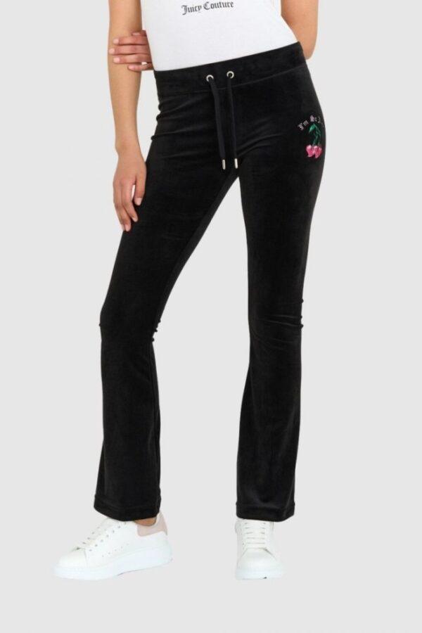 JUICY COUTURE Czarne welurowe spodnie dresowe z haftowanymi wisienkami-wyprzedaż