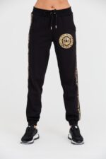 JUST CAVALLI Czarne spodnie dresowe T-round Gold-wyprzedaż