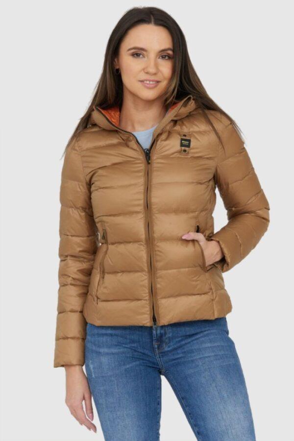 BLAUER Brązowa puchowa kurtka z kapturem Claudia fashion down jacket with hood-wyprzedaż