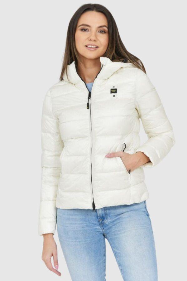 BLAUER Puchowa kurtka ecru z kapturem Claudia fashion down jacket with hood-wyprzedaż