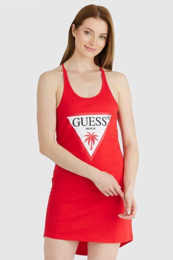 GUESS Czerwona sukienka z trójkątnym logo-wyprzedaż