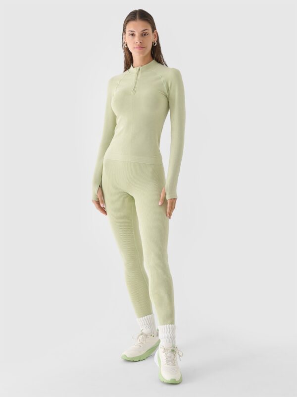 4F Legginsy bezszwowe w prążki damskie - oliwkowe/khaki XS/S-wyprzedaż