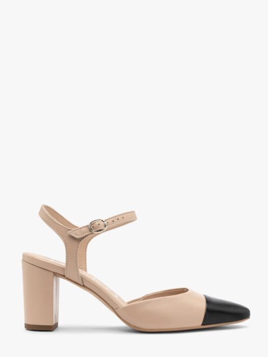 Beżowo czarne czółenka damskie z odkrytą piętą EVELYN-wyprzedaż