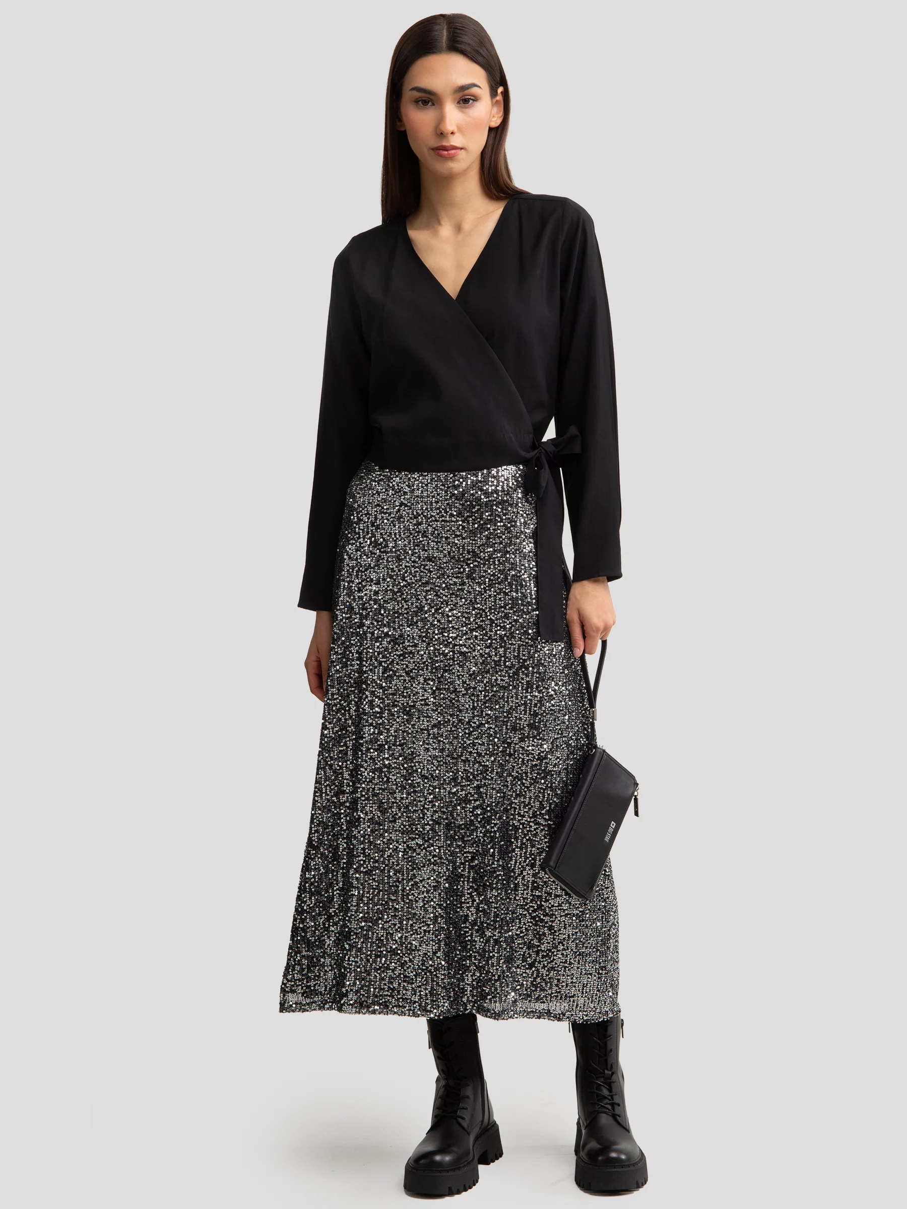 Spódnica damska cekinowa midi srebrna Soleasi 904-wyprzedaż