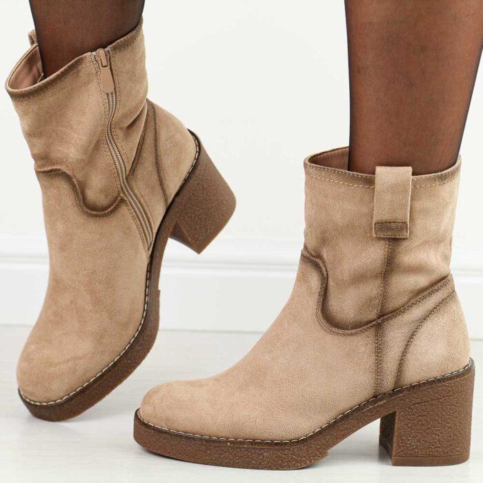 Beżowe botki damskie na obcasie Potocki 51302-wyprzedaż