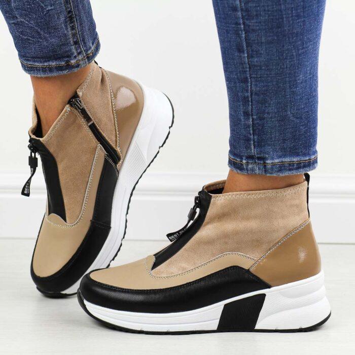 Beżowe skórzane botki damskie na koturnie T.Sokolski Z24-220-wyprzedaż