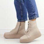 Beżowe skórzane botki damskie na platformie Vinceza 66701-wyprzedaż