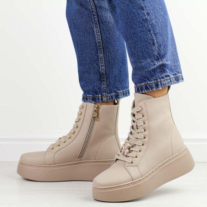 Beżowe skórzane botki damskie na platformie Vinceza 66701-wyprzedaż