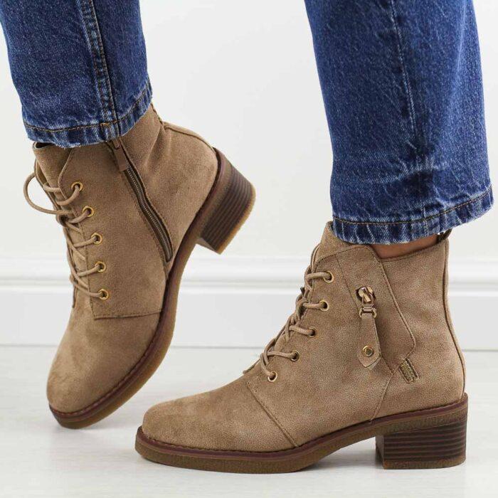 Beżowe zamszowe botki damskie M.Daszyński 2459-5-wyprzedaż