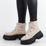 Beżowe zamszowe botki damskie na platformie z kryształami DiA 870-83-wyprzedaż