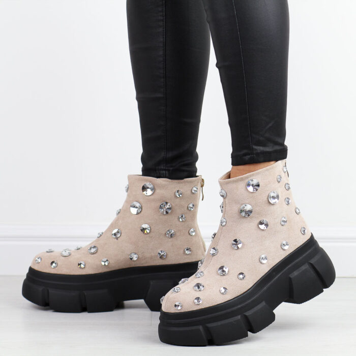 Beżowe zamszowe botki damskie na platformie z kryształami DiA 870-83-wyprzedaż