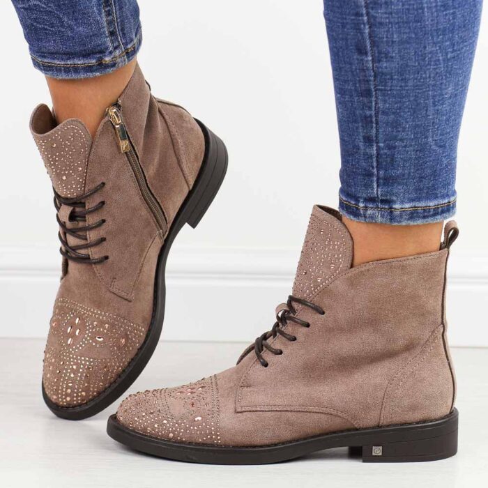 Beżowe zimowe płaskie botki damskie Potocki 12178-wyprzedaż