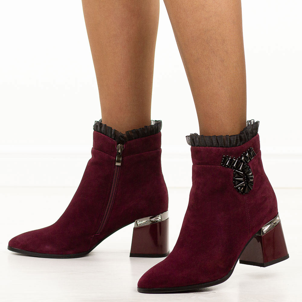 Bordowe zamszowe skórzane botki damskie na słupku DiA 52-127-wyprzedaż
