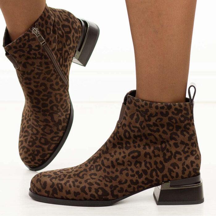 Brązowe cętkowane skórzane botki damskie na obcasie DiA 52-852-wyprzedaż