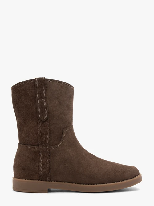 Brązowe płaskie botki ze skóry welurowej-wyprzedaż