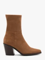 Brązowe wyższe botki z tkaniny na słupku-wyprzedaż