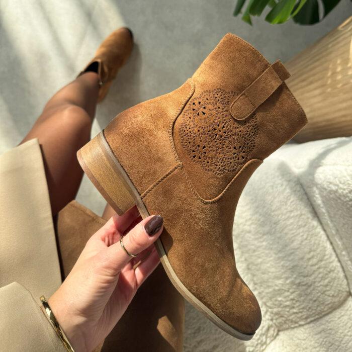 Brązowe zamszowe botki damskie Potocki 12745-wyprzedaż