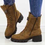 Brązowe zimowe botki damskie na traperze M.Daszyński 2038-48-wyprzedaż