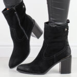 Czarne skórzane botki damskie na słupku Sergio Leone Bt677-S-wyprzedaż