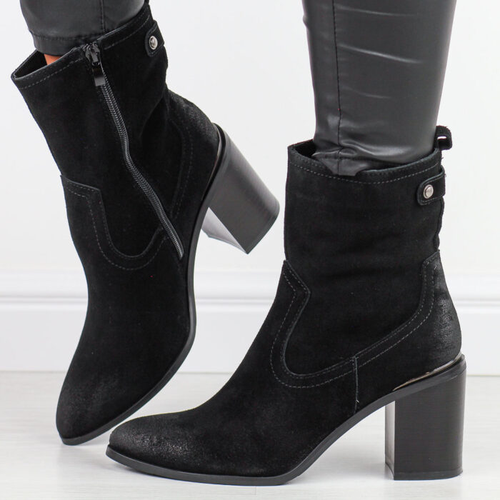Czarne skórzane botki damskie na słupku Sergio Leone Bt677-S-wyprzedaż