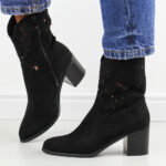 Czarne zamszowe ażurowe botki damskie na obcasie M.Daszyński 2337-12-wyprzedaż