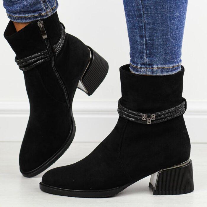 Czarne zamszowe botki damskie na obcasie DiA 880-027-wyprzedaż