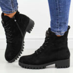 Czarne zamszowe botki damskie na traperze M.Daszyński 1813-38-wyprzedaż