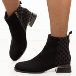 Czarne zamszowe skórzane botki damskie na obcasie DiA 52-853-wyprzedaż