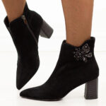 Czarne zamszowe skórzane botki damskie na słupku DiA 686-wyprzedaż
