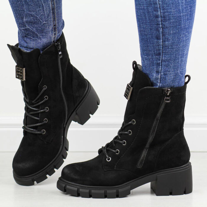 Czarne zamszowe zimowe botki damskie na traperze M.Daszyński 2038-48-wyprzedaż