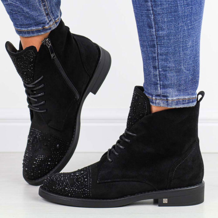 Czarne zimowe płaskie botki damskie Potocki 12178-wyprzedaż