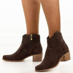 Czekoladowe zamszowe Polskie kowbojki damskie botki zimowe Deoni D396-wyprzedaż