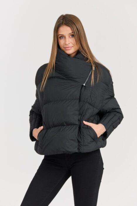 DIEGO M Czarna damska kurtka Giubbino Micropiuma - Collo Con Zip-wyprzedaż