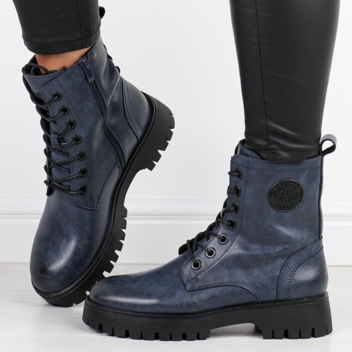 Granatowe skórzane botki damskie na traperze Sergio Leone Tr710-S-wyprzedaż
