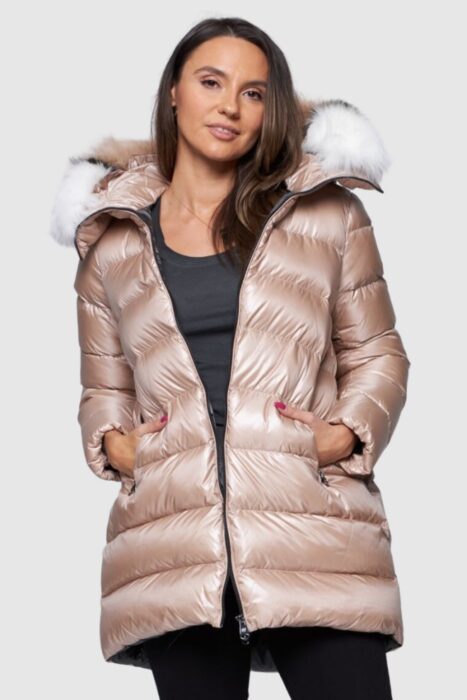 HETREGO Beżowa damska długa kurtka puchowa Hygiea z lisem