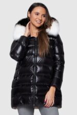 HETREGO Сzarna długa kurtka puchowa Gygiea z lisem-wyprzedaż