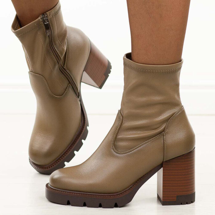 Khaki wysokie botki damskie na słupku Potocki 12419-wyprzedaż