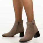 Khaki zamszowe botki damskie na obcasie Potocki 12743-wyprzedaż