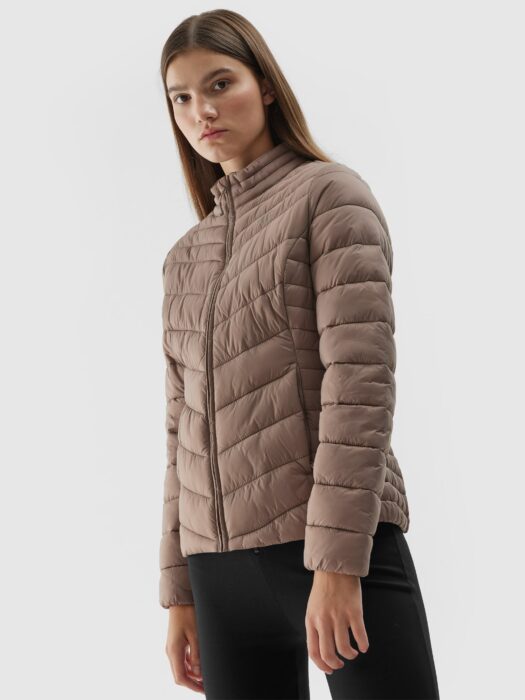 Kurtka puchowa z wypełnieniem z recyklingu damska - beżowa-wyprzedaż