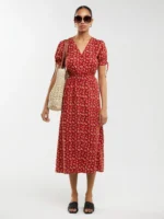 Sukienka damska midi z wiskozy z motywem kwiatowym czerwona Paregi 603-wyprzedaż