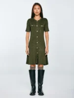 Sukienka damska mini z wiskozy z ozdobnymi guzikami khaki Dilara 303-wyprzedaż