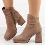 Zamszowe khaki wysokie botki damskie na słupku M.Daszyński 2288-4-wyprzedaż