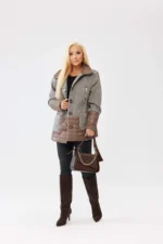 Elegancka beżowa damska kurtka Viktoria w jodełkę z pikowanymi wstawkami - lekko ocieplona PLUS SIZE XXL OVERSIZE JESIEŃ-wyprzedaż