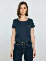 Koszulka damska z brokatowym nadrukiem granatowa Merra 403-wyprzedaż