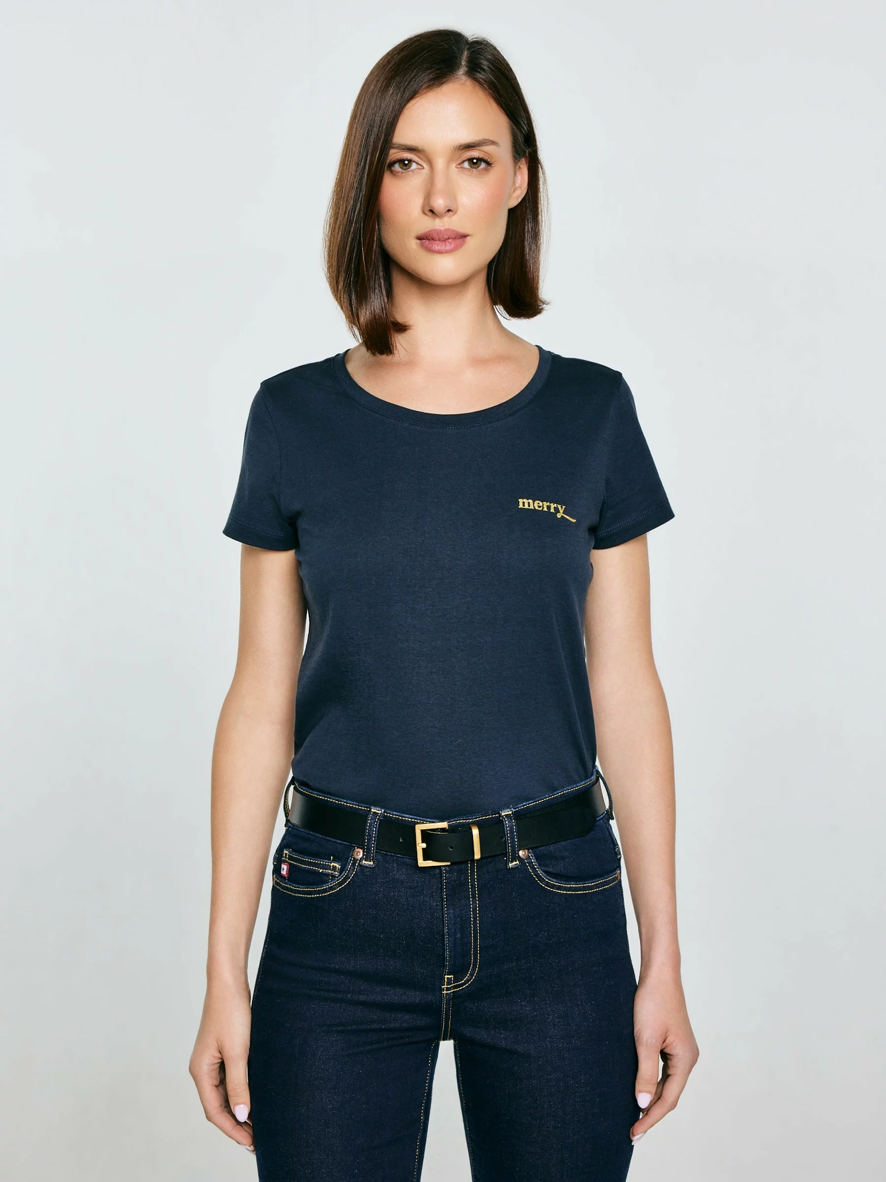 Koszulka damska z brokatowym nadrukiem granatowa Merra 403-wyprzedaż