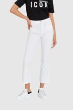 7 FOR ALL MANKIND Białe jeansy damskie z poszerzoną surowo zakończoną nogawką HW Slim Kick-wyprzedaż