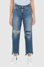 7 FOR ALL MANKIND Błękitne jeansy damskie THE MODERN STRAIGHT Z DZIURAMI-wyprzedaż